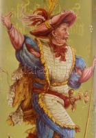 Díszüveg fedeles kínáló. Kézzel festett, cca 1870. Humoros német nyelvű szöveggel. Alján feszültségi...