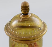 Díszüveg fedeles kínáló. Kézzel festett, cca 1870. Humoros német nyelvű szöveggel. Alján feszültségi...