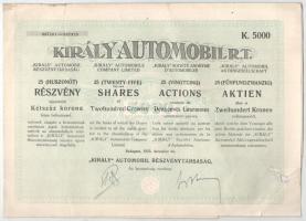 Budapest 1923. &quot;Király Automobil Részvénytársaság&quot; huszonöt részvénye egyben, egyenként 200K-ról, összesen 5000K-ról, szelvényekkel, szárazpecséttel T:F szakadás