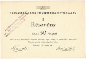 Budapest 1931. &quot;Rákoscsabai Strandfürdő Részvénytársaság&quot; részvény 50P-ről T:VF