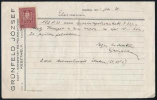 1931 Keszthely, Grünfeld József Ecet,- Szeszgyár és Pálinkafőzde Elismervény, 2f okmánybélyeggel