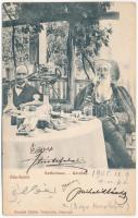 1905 Ada Kaleh, Kávéház vízipipázó Bego Mustafával. Müller Testvérek kiadása / Kaffeehaus / Cafe, Turkish Bego Mustafa smoking hookah (EK)