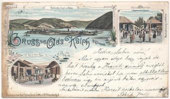 1901 Ada Kaleh (Orsova), Türkischer Bazar und Insel / Török bazár üzlet és sziget / Turkish shop and island. Karl Schwidernoch Art Nouveau, floral, litho (EB)