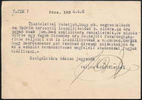 1934 Schützer S. és Fia, Pécs díjjegyes levelezőlap