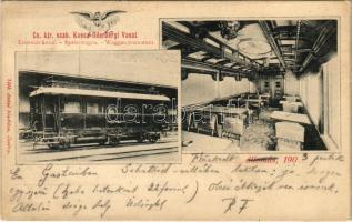 1903 Zsolna, Sillein, Zilina; Cs. kir. szab. Kassa-Oderbergi Vasút (KsOD) éttermes kocsija, vonat belső. Tóth Antal kiadása / Kosice-Bohumín Railway, dining train interior (fl)