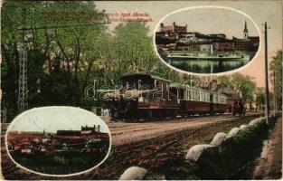 1915 Pozsony, Pressburg, Bratislava; Pozsony-Bécs villamos vasút ligeti állomás, gőzmozdony / Pressburg-Wien electr. Bahn-Station Aupark / tramway station, locomotive (EB)