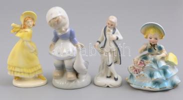 4 db porcelán figura, kézzel festett, jelzetlen, egy lepattanással, egyik sérült, m: 11-13,5 cm