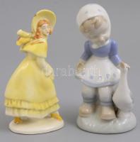 4 db porcelán figura, kézzel festett, jelzetlen, egy lepattanással, egyik sérült, m: 11-13,5 cm