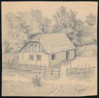 Lingner György (?-?), működött a XX. sz. elején.közepén: Falusi ház. Ceruza, papír, jelzett, lapszél...
