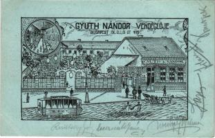 1910 Budapest IX. Gyuth Nándor vendéglője, belső, étterem reklám, BKVT villamos. Üllői út 115. Art Nouveau s.: Váradi M. (EK)