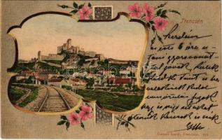 1903 Trencsén, Trencín; vár a vasúttal. Gansel Lipót 249. / castle with railway tracks. Art Nouveau, floral (EK)