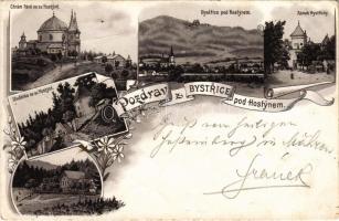 1899 (Vorläufer) Bystrice pod Hostynem, Bistritz am Hostein; Chrám Páne, Zámek, Studánka, Myslivna v Rudolfovem udoli / church, castle. Art Nouveau, floral, litho (EK)