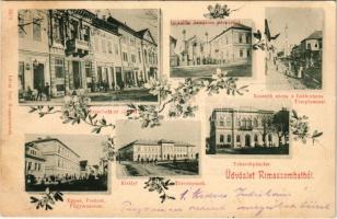 1899 (Vorläufer) Rimaszombat, Rimavská Sobota; Erzsébet tér, Egyes. Protest. főgimnázium, Királyi törvényszék, takarékpénztár, Kossuth utca, Lutheránus templom, Izraelita templom és paplak, zsinagóga, Krausz Sándor üzlete / synagogue, Jewish rectory, school, court, street, savings bank, square. Art Nouveau, floral