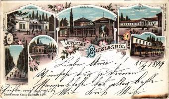 1899 (Vorläufer) Buziás, Buziásfürdő, Baile Buzias; Gyógyterem, Mihály-forrás, Meleg fürdő, Fasor a meleg fürdőhöz, József-forrás, Bazár / spa, bath, spring source, promenade, bazaar. Karl Schwidernoch Art Nouveau, floral, litho (Rb)