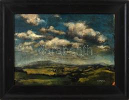 Kapussy György (1903-1986): Bodonyi táj. Olaj, karton, jelezve jobbra lent, hátoldalán autográf felirattal és egy ceruzavázlattal. Jobb alsó sarkában apró sérüléssel. Fakeretben. 35×50 cm