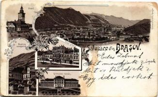 Brassó, Kronstadt, Brasov; Sfatul, Tergul graului, Gimnasiul roman, Biserica evanghelica / látkép, városháza, Evangélikus templom, Román gimnázium, Búzapiac / general view, town hall, Lutheran church, Romanian grammar school, market row. Art Nouveau, floral, litho (Rb)