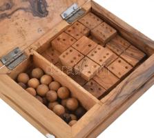 Fa játékkészlet, dominó és golyós játék, 17×14×6 cm