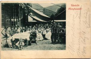 1900 Menyháza, Monyásza, Moneasa; erdélyi lakodalom, esküvő étterem teraszán, zenekar / resturant teras, Transylvanian wedding, folklore, music band (gyűrődések / cresases)