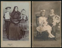 cca 1910 2 db keményhátú kabinetfotó: Nagymama unokáival, Lukács Béla ózdi műterméből + Testvérpár, a "Hungária" fényképészeti társaság budapesti műterméből, 16,5x10,5 cm