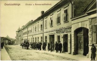 Oravicabánya, Oravita; Fő utca a Magyar Korona szállodával, Huber Hugó fodrász üzlet. Weisz Félix kiadása / main street, hotel, hairdresser shop