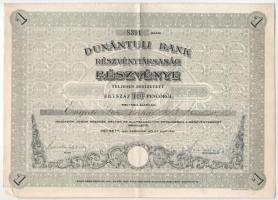 Pécs 1941. "Dunántúli Bank Részvénytársaság" névre szóló részvénye 100P-ről szelvényekkel, szárazpecséttel T:VF