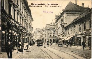 1922 Nagyszeben, Hermannstadt, Sibiu; Heltauergasse, Hotel Römischer Kaiser / Nagydisznódi utca, szálloda, Jul. Rosenthal és Landmann üzlete, villamos / street, hotel, shops, tram