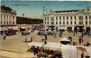 Temesvár, Timisoara; Gyárváros, Fő tér, Marokka Ner Szálloda, Farchy Samuel, Jermovits, Schild Károly üzlete, piac, villamos / main square, shops, market, tram (EK)