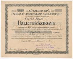 Szeged 1921. &quot;Első Szegedi Cipő-, Csizma- és Papucsipari Szövetkezet&quot; üzletrészjegye összesen 100K-ról, szelvényekkel, felülbélyegzéssel T:I- kissé foltos