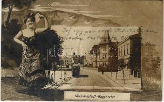 1908 Nagyszeben, Hermannstadt, Sibiu; utcakép villamossal. Szecessziós montázs hölggyel / street with tram. Art Nouveau montage with lady (fl)