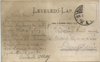 1908 Nagyszeben, Hermannstadt, Sibiu; utcakép villamossal. Szecessziós montázs hölggyel / street wit...