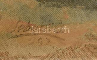 Olvashatatlan jelzéssel, Miséről távozók. Olaj, vászon, sérült. 80x60cm