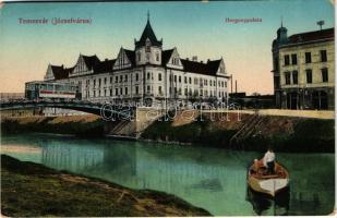 Temesvár, Timisoara; Józsefváros, Arany Horgony palota kávéház, Gombás István üzlete, villamos, híd / palace, shopt, tram, bridge (kopott sarkak / worn corners)