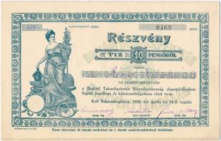 Balatonboglár 1926. Boglári Takarékpénztár Részvénytársaság részvénye 10P-ről szelvényekkel, szárazpecséttel T:AU / Hungary / Balatonboglár 1926. Boglári Takarékpénztár Részvénytársaság share about 10 Pengő with coupons, embossed stamp C:AU