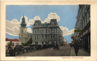 Temesvár, Timisoara; Gyárváros, Kossuth tér, Csendes és Fischer, Adler Ignácz, Perina János üzlete, porcelánház, lovaskocsik / square, shops, hors-drawn carriages