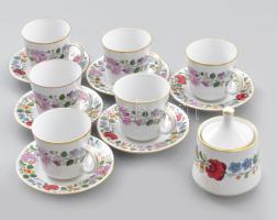 Kalocsai porcelán hat személyes mokkás készlet. Kézzel festett, jelzett, hibátlan díszdobozban