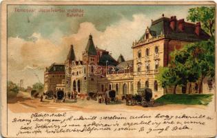 Temesvár, Timisoara; Józsefvárosi indóház, vasútállomás, lovas hintók. Corvina kiadása / Bahnhof / railway station, horse chariots. Art Nouveau, litho (ázott / wet damage)
