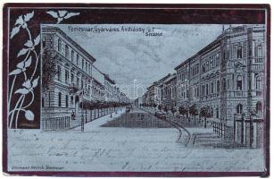 1900 Temesvár, Timisoara; Gyárváros, Andrássy út. Uhrmann Henrik kiadása, szecessziós fémes hatású fóliás képeslap / Fabric, street. Art Nouveau, floral metallic foil (EK)