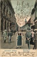 1910 Brassó, Kronstadt, Brasov; Hirser utca, Carl Dendorfer és Antaon Bros üzlete. montázs / Hirschergasse / street, shops. montage (EK)