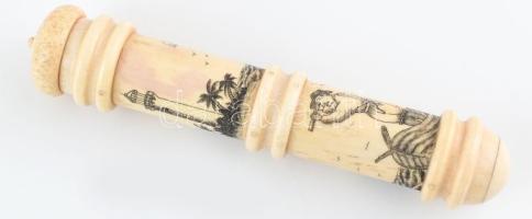 Csont szivartartó, fa betéttel, hajó motívumokkal díszített, h: 16,5 cm