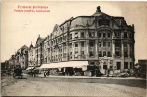 1912 Temesvár, Timisoara; Belváros, Ferencz József út, Loyd palota, piac, lovas hintók. Gerő kiadása / street, palace, market, horse chariots