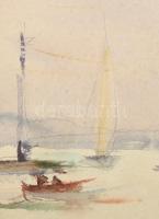 Diósy Antal (1895-1977): Siófoki vitorlások (Balaton), 1955. Akvarell, papír, jelzett. Üveg mögött, ...