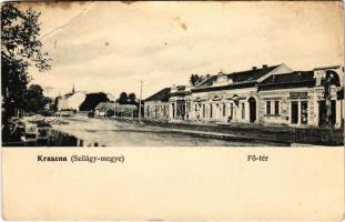 1914 Kraszna, Crasna (Szilágy megye); Fő tér, Széchenyi kávéház, Korbuly Antal üzlete és saját kiadása / main square, cafe and shop (EB)