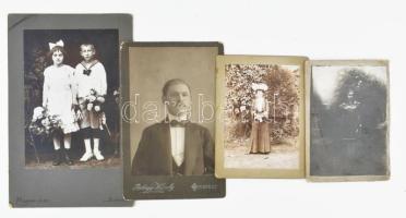 cca 1900 4 db vegyes keményhátú fotó, közte egy Palágyi Károly és egy Magyar Imre budapesti műterméből, vegyes állapotban, 12,5x9 cm és 20x13 cm között