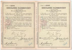 Budapest 1947. "Ideiglenes Elismervény - 7 1/2%-kal kamatozó Magyar Egyesített Városi Kölcsönkötvény" 500$ névértékű kötvény, szelvényekkel és bélyegzésekkel (4x) közeli sorszámokkal T:AU-F