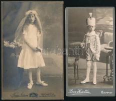cca 1910 2 db gyerekeket ábrázoló keményhátú fotó: Kisfiú huszárjelmezben, Leon H. és Fia budapesti műterméből, hátoldalán cirill betűs felirattal, 14,5x8 cm + Elsőáldozó kislány, kabinetfotó Nagy István műterméből, 16x10 cm