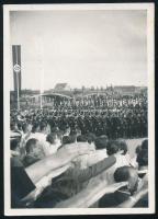 cca 1939 Német nemzetiszocialista (NSDAP) pártrendezvény horogkeresztes zászlókkal, fotó, 8,5x6 cm /...