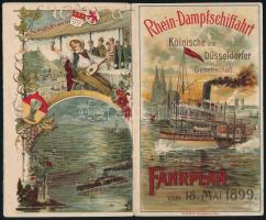 1889 Rhein-Dampfschiffahrt Rajnai gőzhajótársaság menetrendje litho borítóval 36x16 cm / Rhone steamship company litho schedule leporello