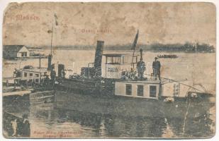 1907 Mohács, Dunai átkelés, Mohács-Margita Sziget komp, dunai úszó hajómalom a háttérben. Weiser Miksa kiadása / floating ship mill in the background (fl)