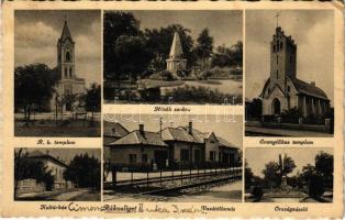 1940 Budapest XVII. Rákosliget, Római katolikus és evangélikus tmeplom, Hősök szobra, Kultúrház, országzászló, vasútállomás (EK)