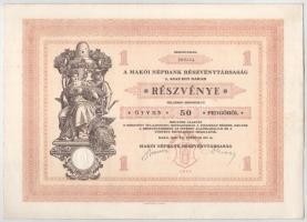 Makó 1929. "Makói Népbank Részvénytársaság" részvénye 50P-ről szelvényekkel, szárazpecsétt...